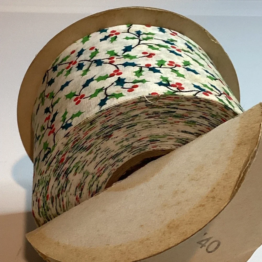 Vintage Christmas Holly Berry Fabric Ribbon 2.5 Inch Spool Holiday Decor 25 yard